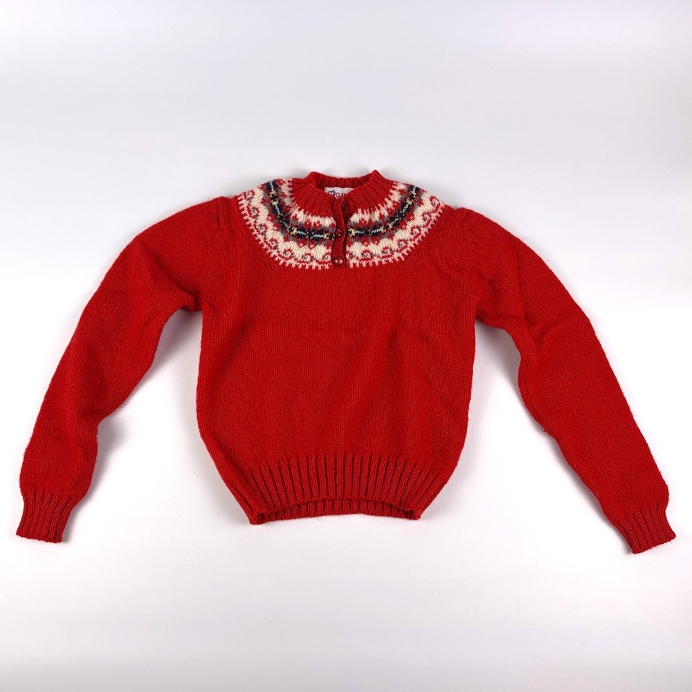 VTG Clansman 100% Shetland Wool Childrens Sweater‎ 10/30 Red Navy Blue Fair Isle
